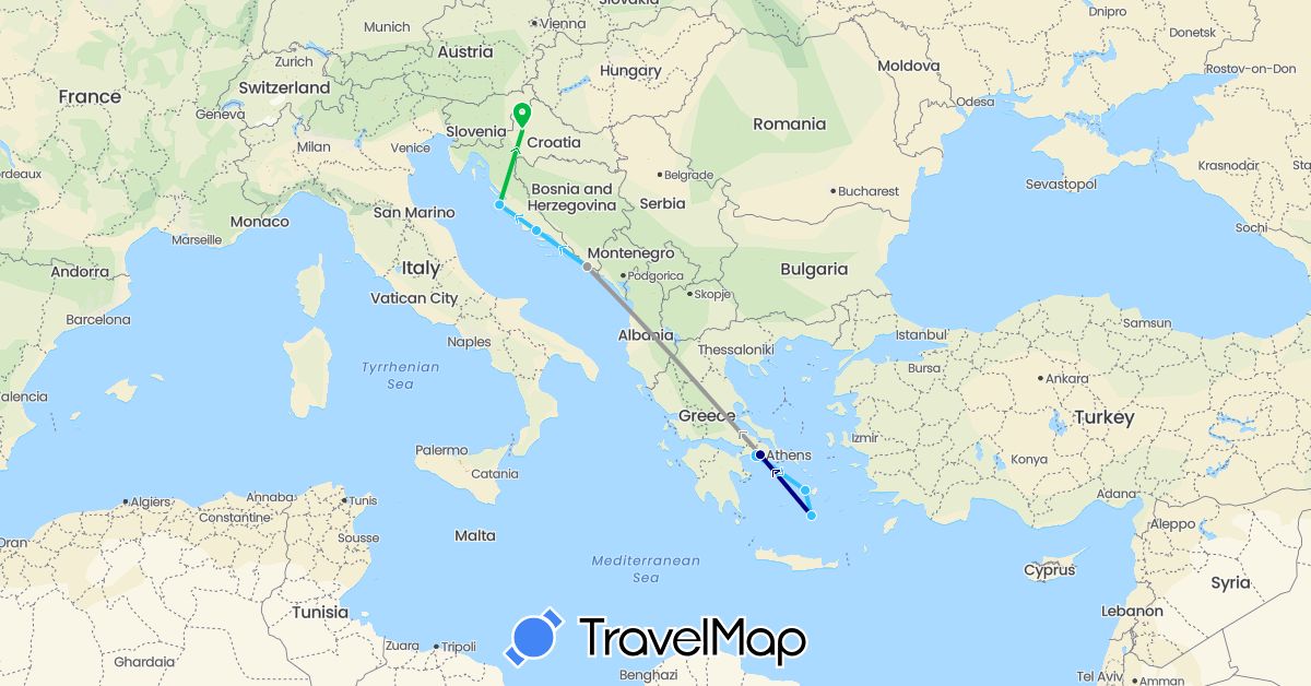 TravelMap itinerary: driving, bus, plane, boat in Greece, Croatia (Europe)