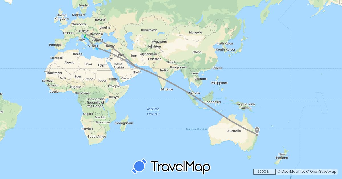 TravelMap itinerary: bus, plane, boat in United Arab Emirates, Australia, Greece, Croatia, Singapore (Asia, Europe, Oceania)